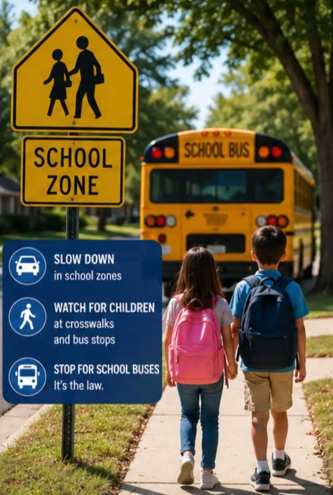 School zone safety graphic showing two children with backpacks walking toward a school bus beside signs reminding drivers to slow down, watch for children, and stop for school buses.