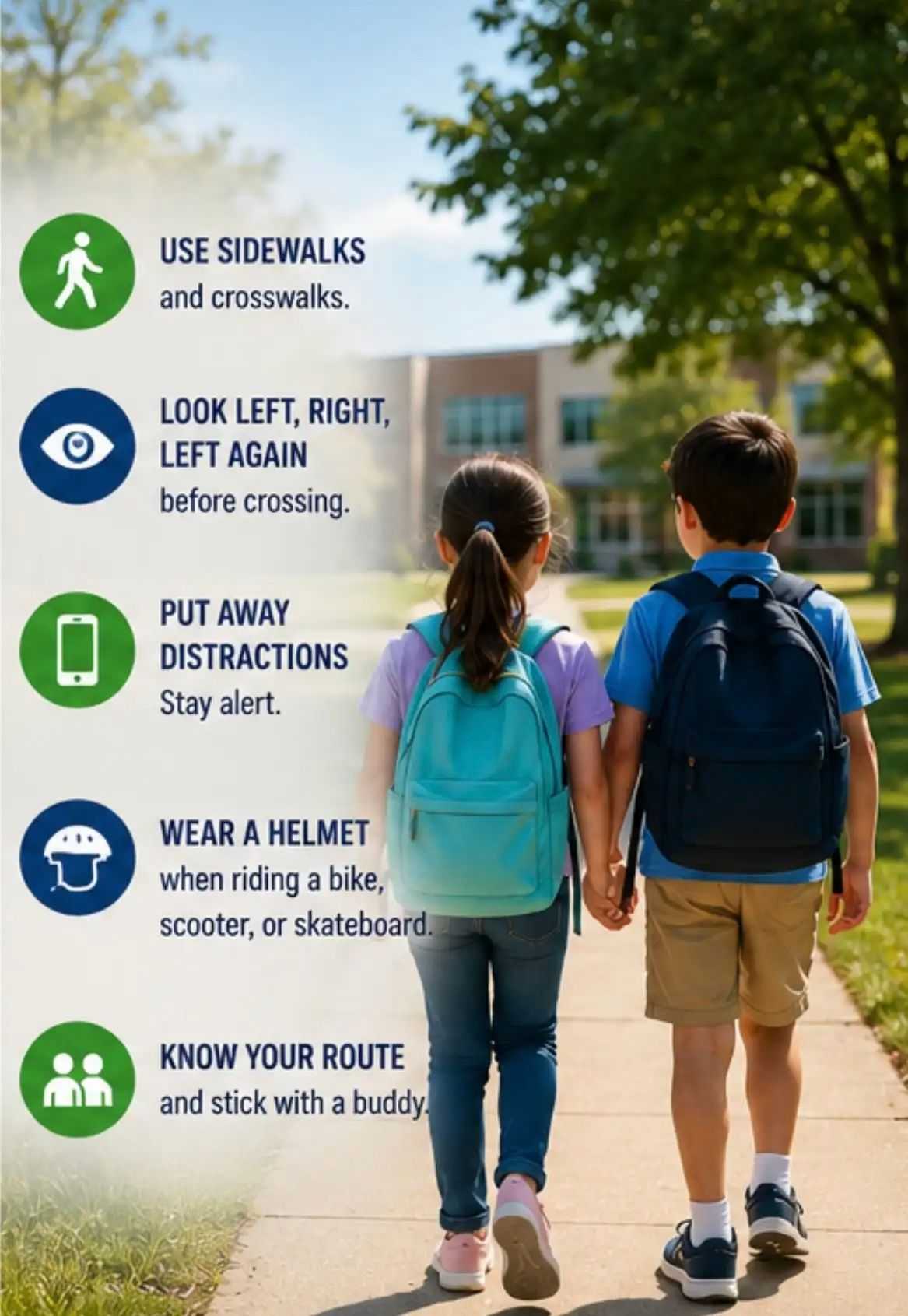 School zone safety graphic showing two children with backpacks walking toward a school bus beside signs reminding drivers to slow down, watch for children, and stop for school buses.