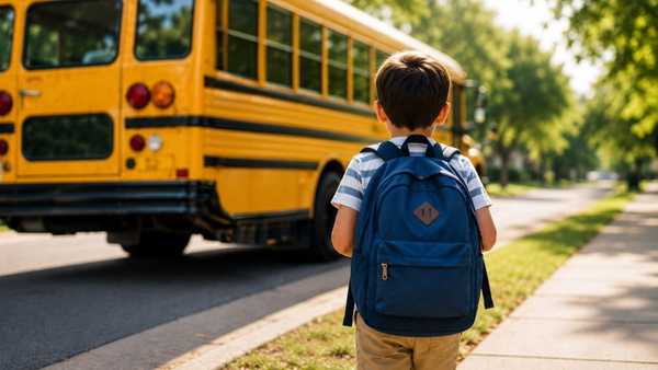 Child wearing a blue backpack stands on a sidewalk beside a yellow school bus parked on a tree-lined street, highlighting back-to-school transportation and student safety.
